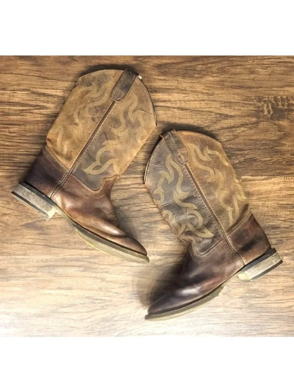 Youth Old West Brown Square Toe Leather Boots SZ 4.5 Classic Western Cowboy